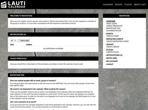 The view of the logged in user when entering the backstage containing the content and a sidebar