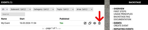 A list overview of events with an arrow pointing to the delete icon, which has the form of a trash can