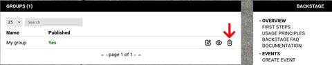 A list overview of groups with an arrow pointing to the delete icon, which has the form of a trash can