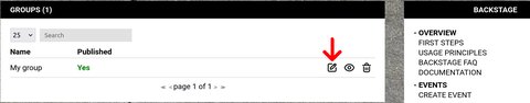 A list overview of groups with an arrow pointing to the edit icon, which has the form of a pad with a pen