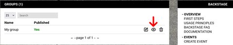 A list overview of groups with an arrow pointing to the visit icon, which has the form of an eye