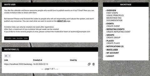 The invite page with an create new invite link button and one entry in the list of invites