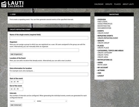 The create repeating page with an event form and interval option.