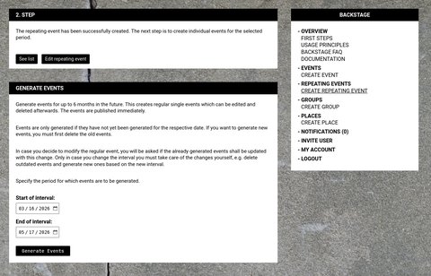 The create repeating page with an event form and interval option.