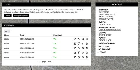 The create repeating page with an event form and interval option.
