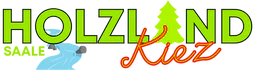 Holzland Kiez Logo: Name Holzland Kiez, out of the O a river emerges, the A looks like a fir-tree