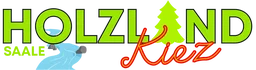 Holzland Kiez Logo: Name Holzland Kiez, out of the O a river emerges, the A looks like a fir-tree